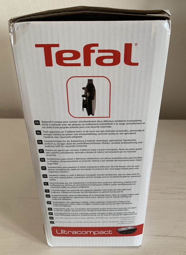 Tefal Ultracompact SM1552 Sandwichmaker im Karton von der Seite