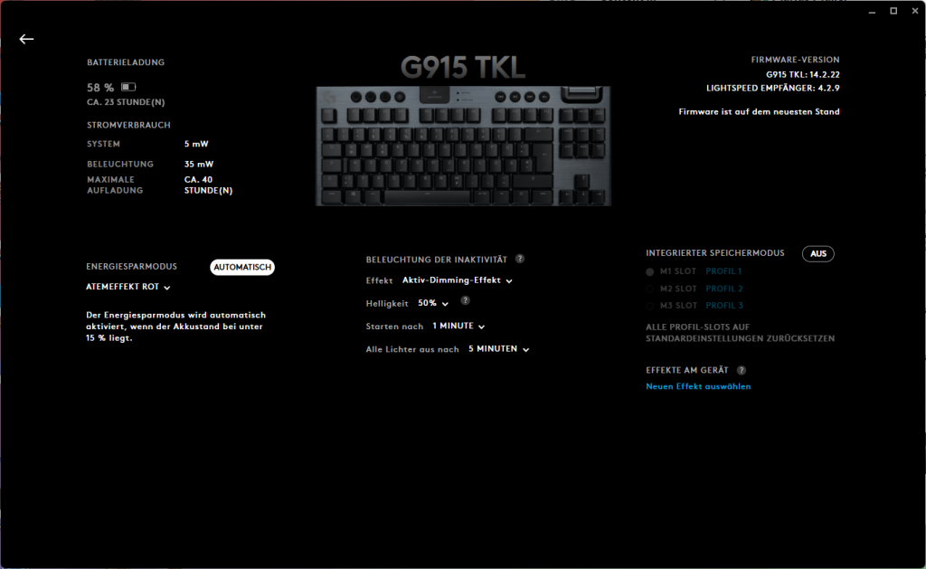 Übersicht der Logitech G915 LIGHTSPEED TKL Gaming-Tastatur in der Software