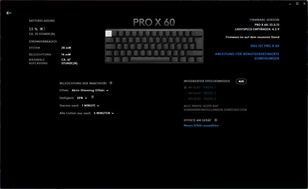 Übersicht der Logitech G PRO X 60 LIGHTSPEED Gaming-Tastatur in der Software