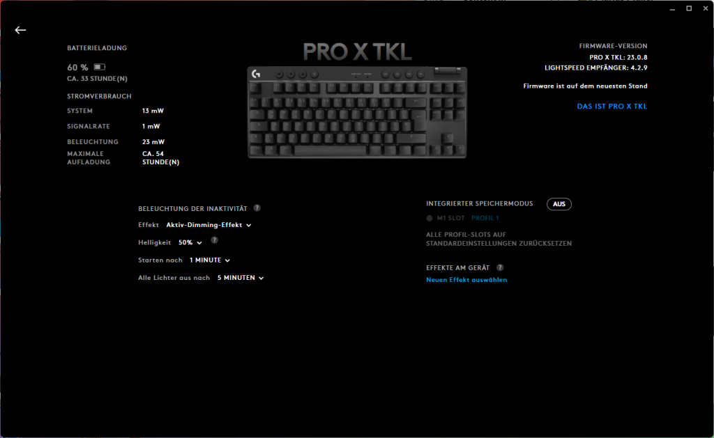 Übersicht der Logitech G PRO X TKL LIGHTSPEED Gaming-Tastatur in der Software