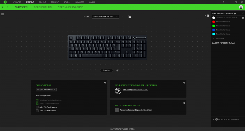 Übersicht der Razer Deathstalker V2 Pro Gaming-Tastatur in der Software