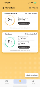 Übersicht in der App des Sunlit 800 Watt Easy Switch Balkonkraftwerk-Sets inklusive Speicher 2150 kW