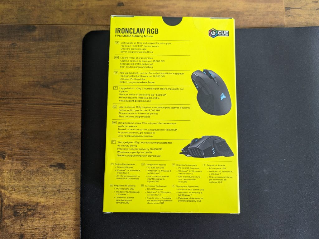 Verpackung der Corsair IRONCLAW Gaming-Maus von hinten