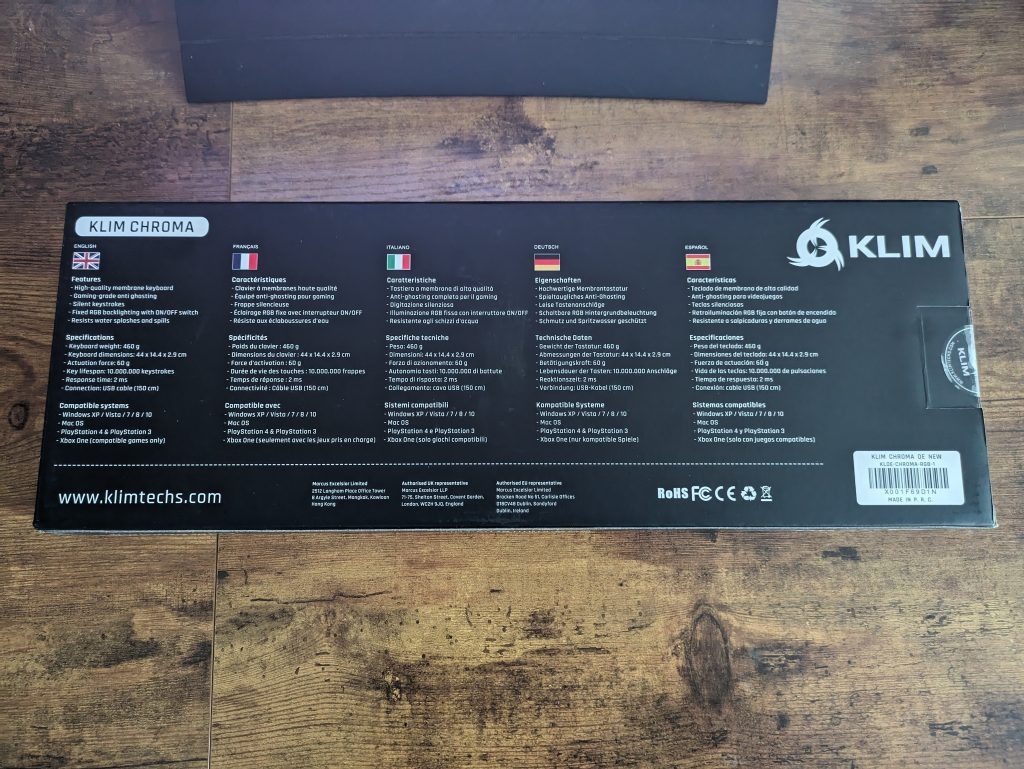 Verpackung der KLIM Chroma Gaming-Tastatur von hinten