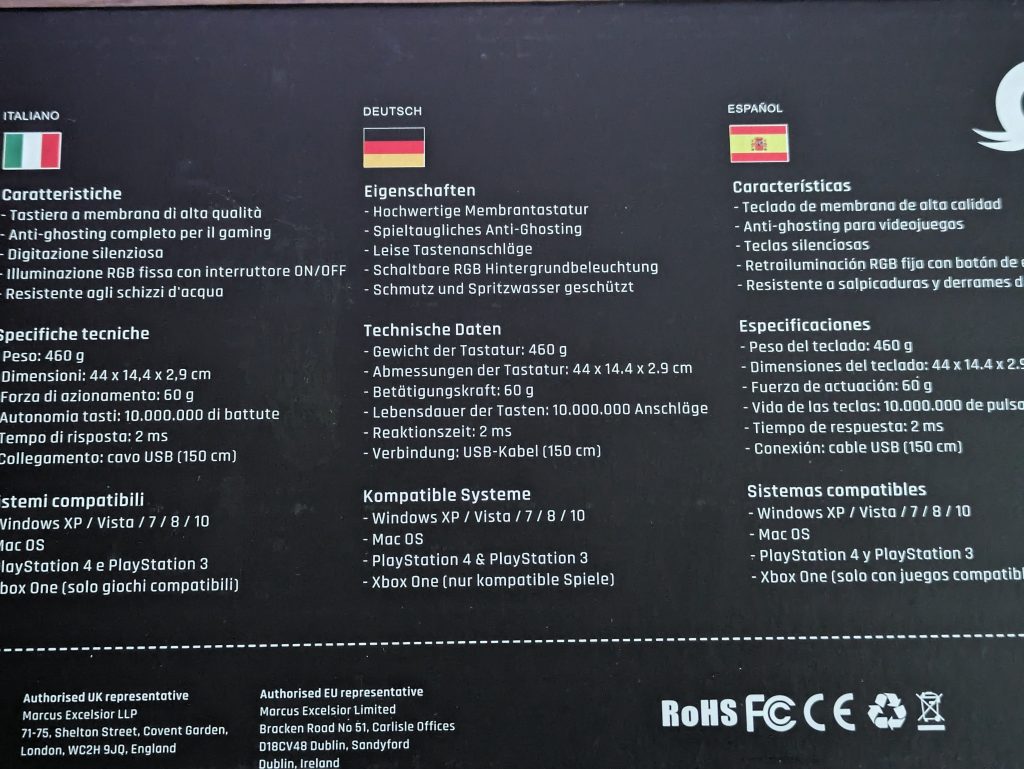 Verpackung der KLIM Chroma Gaming-Tastatur von hinten in der Nahansicht