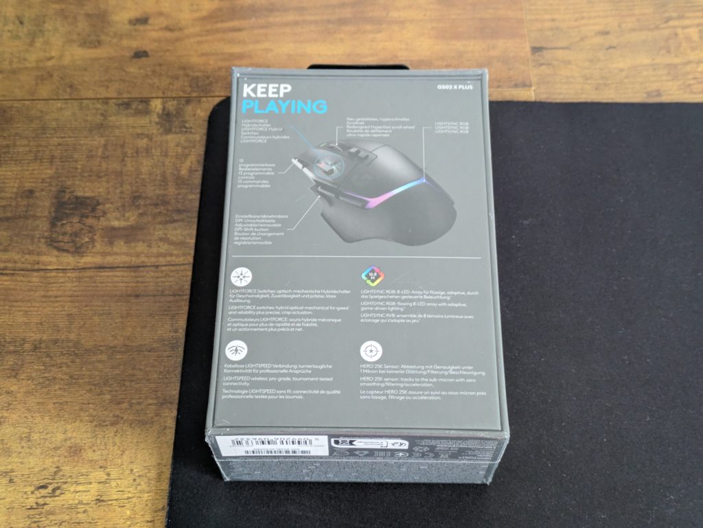 Verpackung der Logitech G502 X PLUS Gaming-Maus von hinten