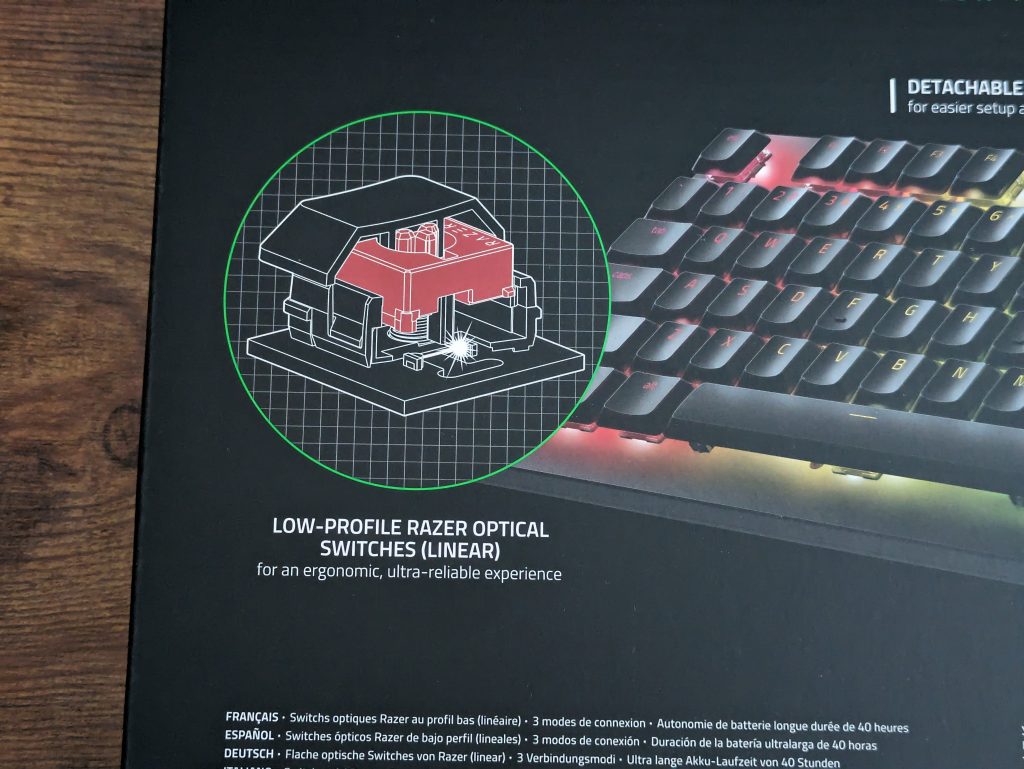 Verpackung der Razer Deathstalker V2 Pro Gaming-Tastatur von hinten in der Nahansicht