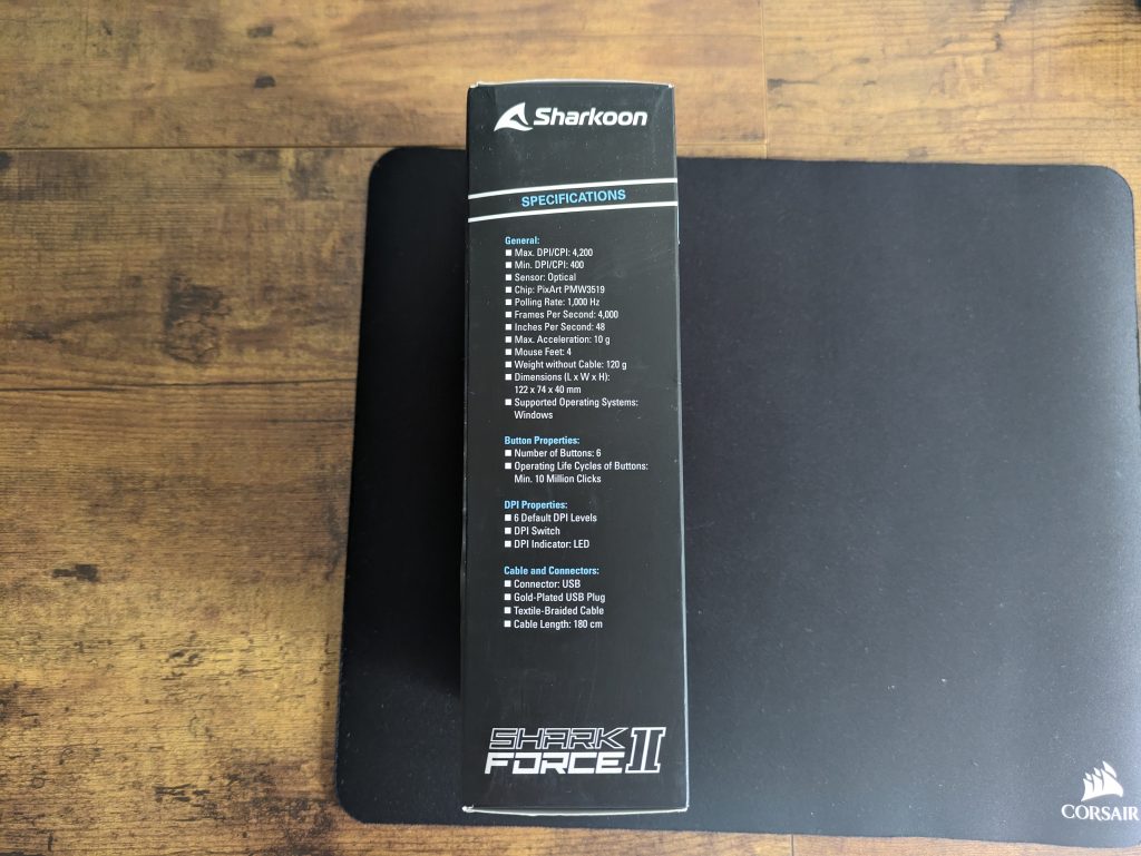 Verpackung der Sharkoon Shark Force II Gaming-Maus von der Seite
