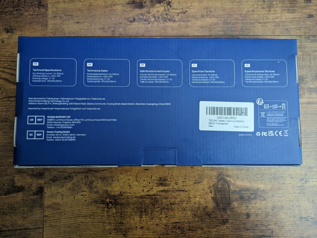 Verpackung der TECURS KB510 Gaming-Tastatur von hinten