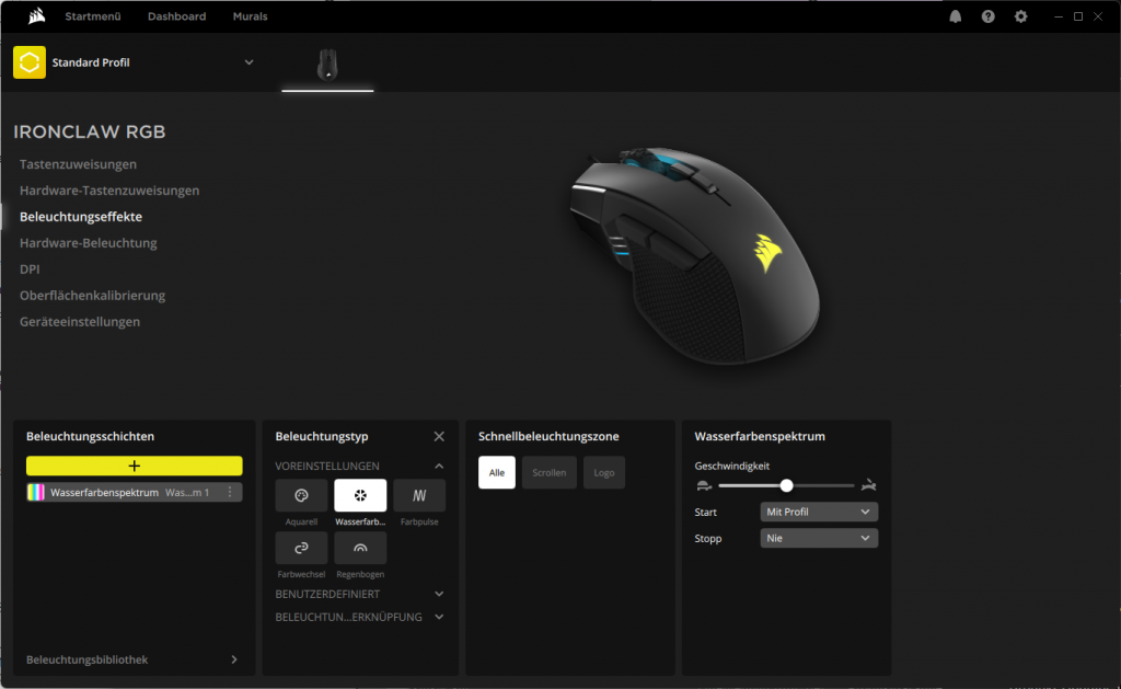 Weitere RGB-Einstellungen der Software der Corsair IRONCLAW Gaming-Maus