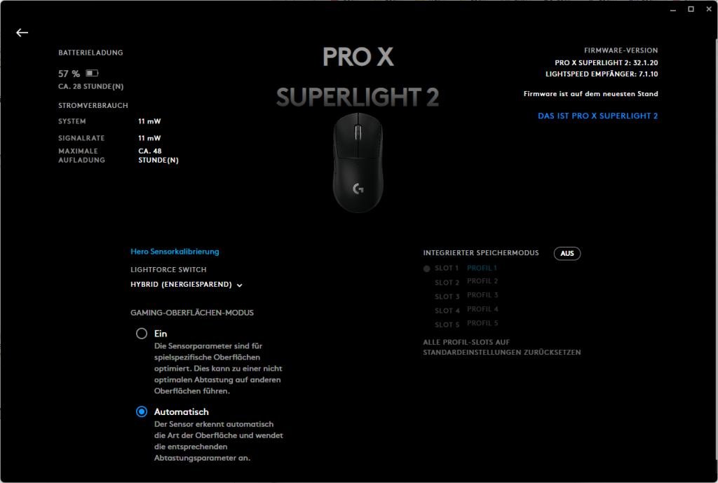 Weitere Übersicht der Logitech G PRO X Superlight 2 Gaming-Maus in der Software