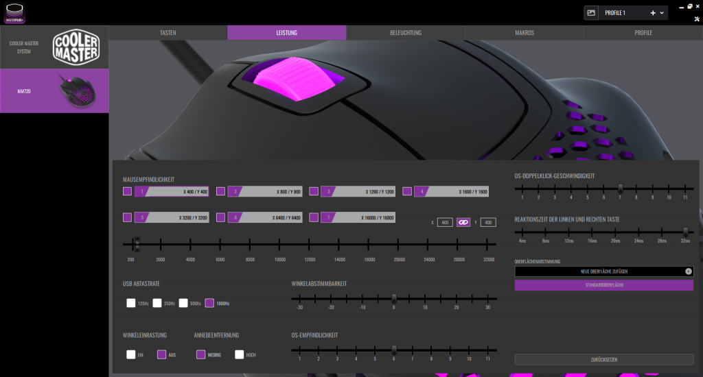 dpi-Einstellungen der Cooler Master MM720 Gaming-Maus