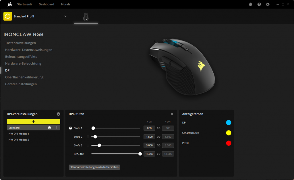 dpi-Einstellungen der Corsair IRONCLAW Gaming-Maus