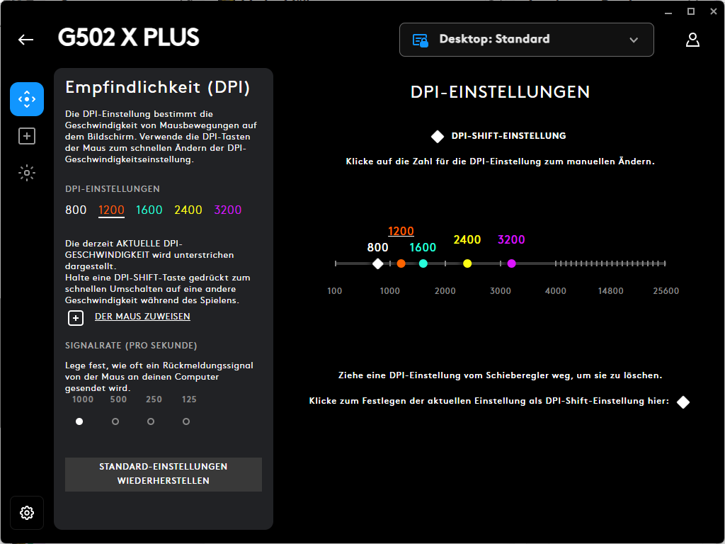dpi-Einstellungen der Logitech G502 X PLUS Gaming-Maus in der Software