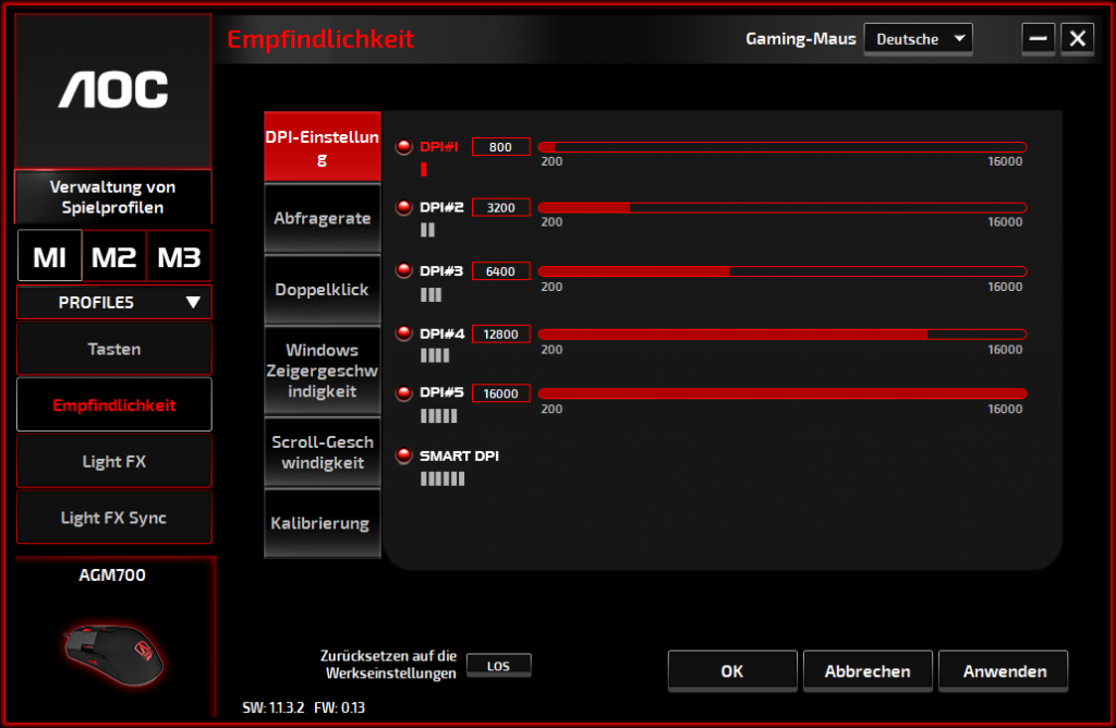 dpi-Einstellungen der Software der AOC Agon AGM700 Gaming-Maus