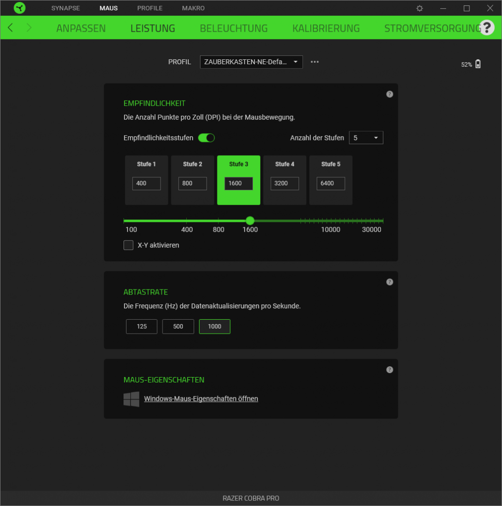 dpi-Einstellungen der Software der Razer Cobra Pro Gaming-Maus
