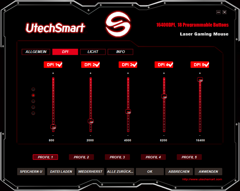 dpi-Einstellungen der Software der UtechSmart Venus Gaming-Maus