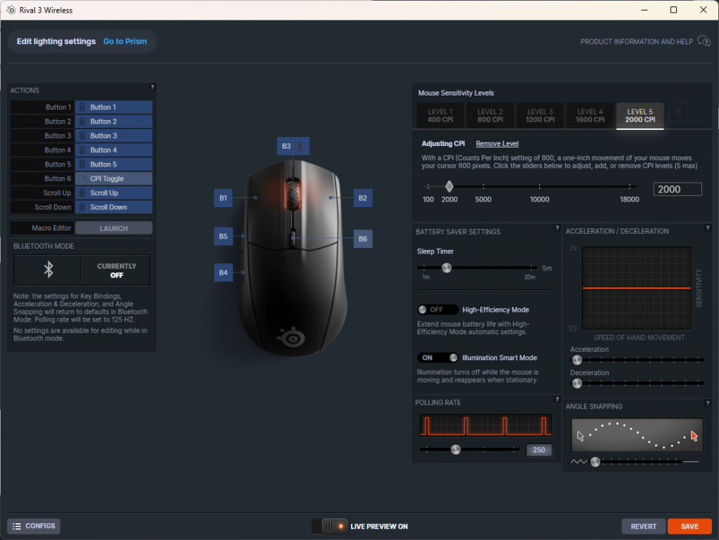 dpi-Einstellungen der SteelSeries Rival 3 Wireless Gaming-Maus