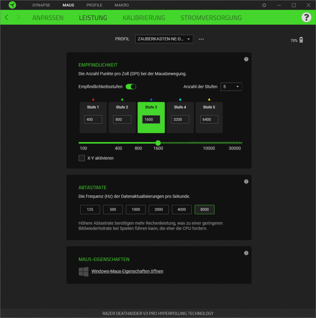 dpi-Einstellungen in der Software der Razer Deathadder V3 Pro Gaming-Maus