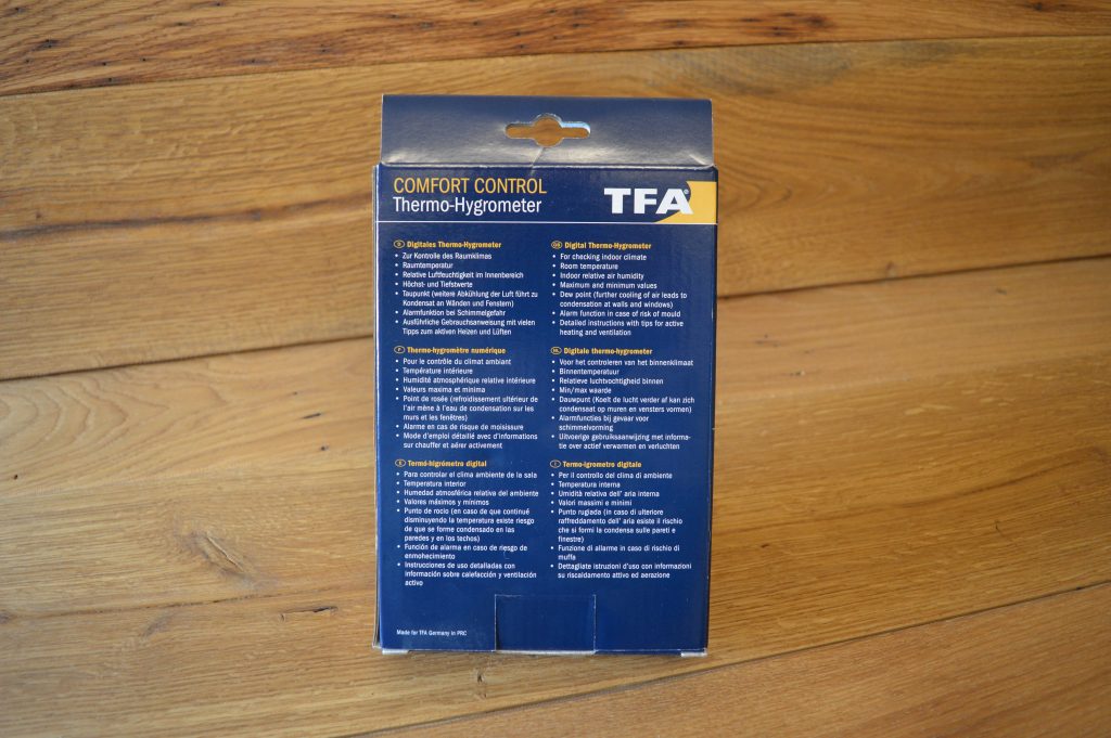 TFA Dostmann Comfort Control Thermo-Hygrometer Verpackung Rückansicht