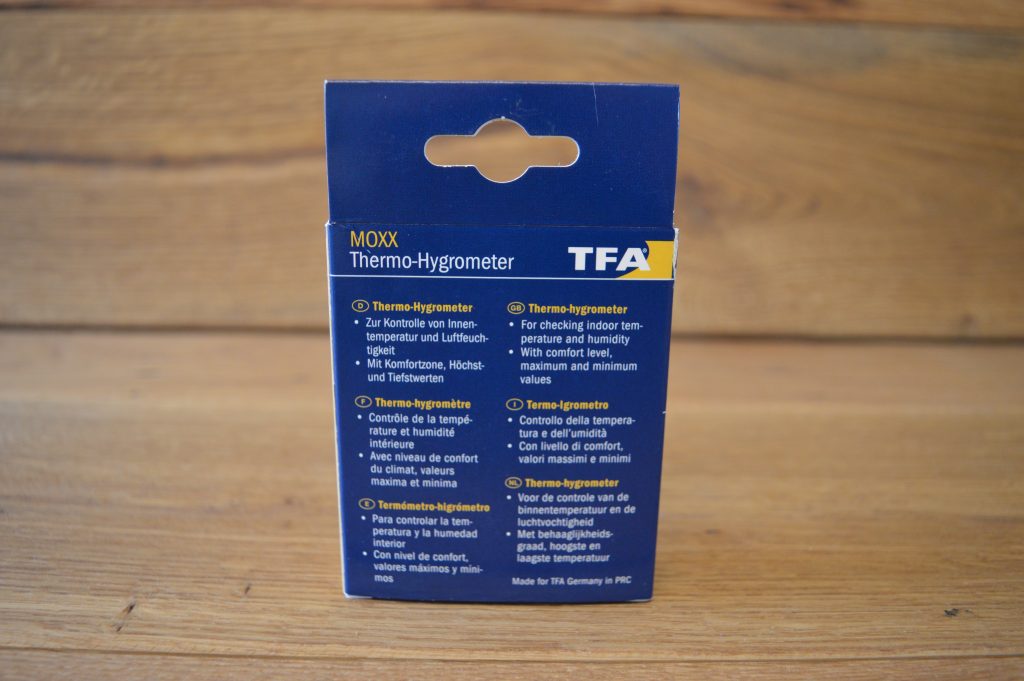 TFA Dostmann Moxx Thermo-Hygrometer Verpackung Rückansicht