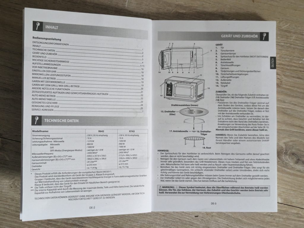 Anleitung der Sharp R642BKW Mikrowelle, geöffnet