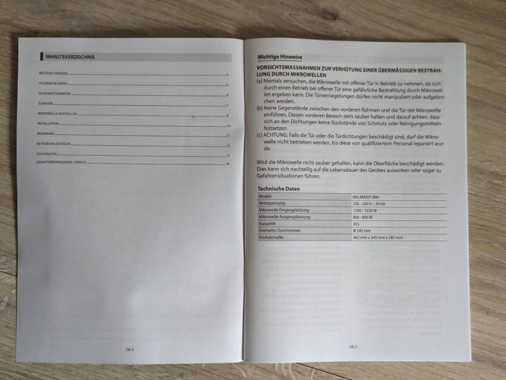 Anleitung der Toshiba MV-AM20T Mikrowelle, geöffnet