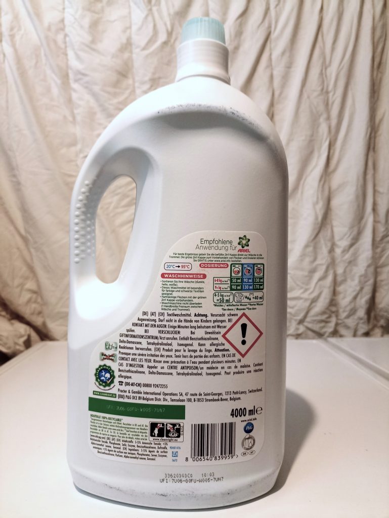 Ariel Color+ Flüssig Waschmittel, Verpackung Rückseite