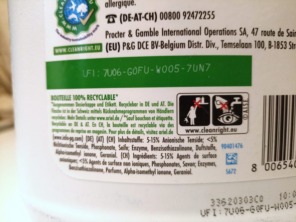 Ariel Color+ Flüssig Waschmittel, Verpackung Rückseite, Sicherheits-Piktogramme