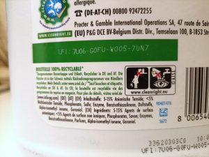 Ariel Color+ Flüssig Waschmittel, Verpackung Rückseite, Sicherheits-Piktogramme