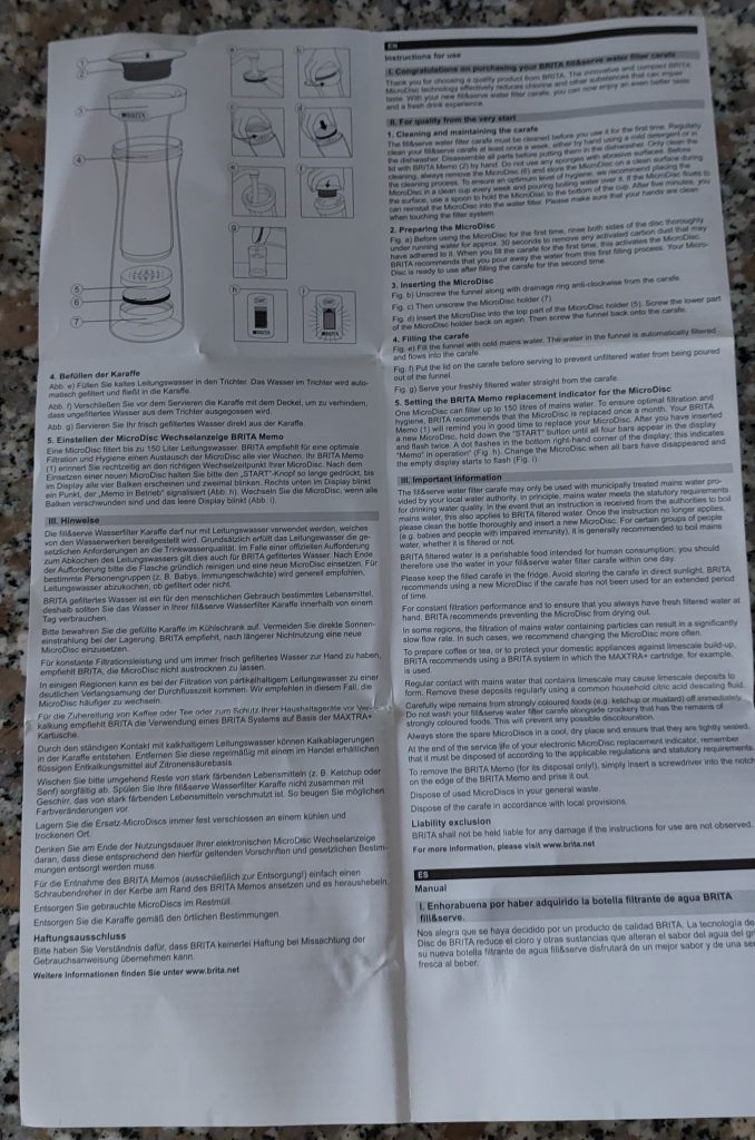 BRITA Wasserfilter-Karaffe Beschreibung mit Hinweisen