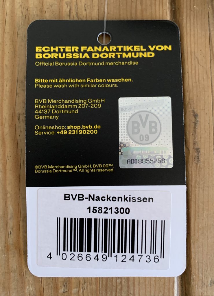 Borussia Dortmund Unisex BVB Nackenkissen Etikett