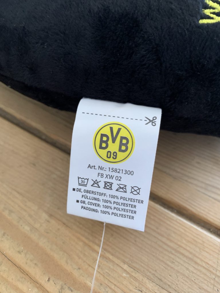 Borussia Dortmund Unisex BVB Nackenkissen Etikett mit Reinigungshinweisen