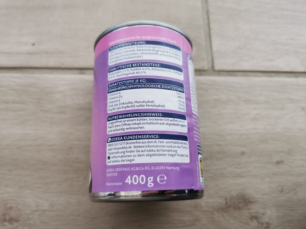 Edeka Feine Mahlzeit mit Lamm, Huhn, Nudeln und Karotten Dosenaufdruck hinten 1
