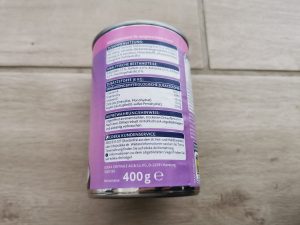 Edeka Feine Mahlzeit mit Lamm, Huhn, Nudeln und Karotten Dosenaufdruck hinten 1
