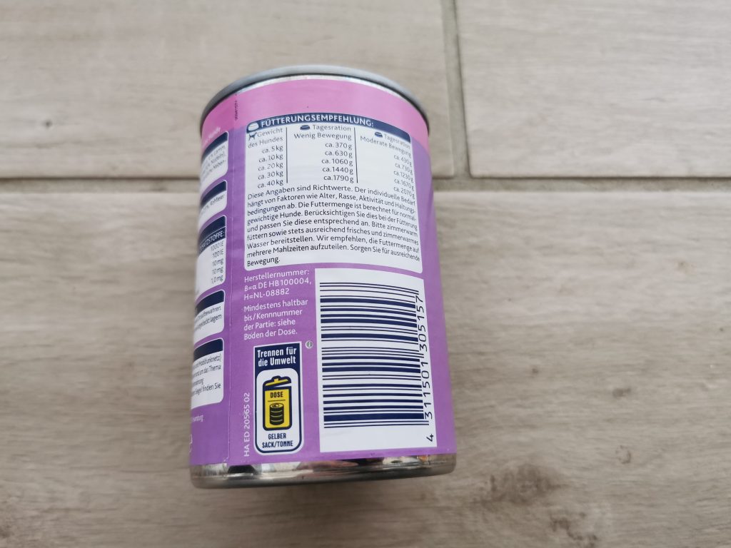 Edeka Feine Mahlzeit mit Lamm, Huhn, Nudeln und Karotten Dosenaufdruck hinten 2