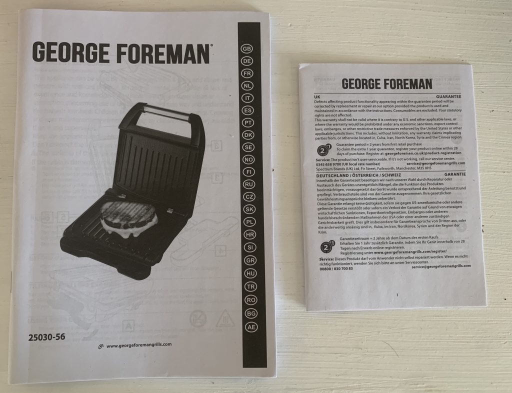 George Foreman 25030-56 Konatktgrill Bedienungsanleitung und Garantieschein