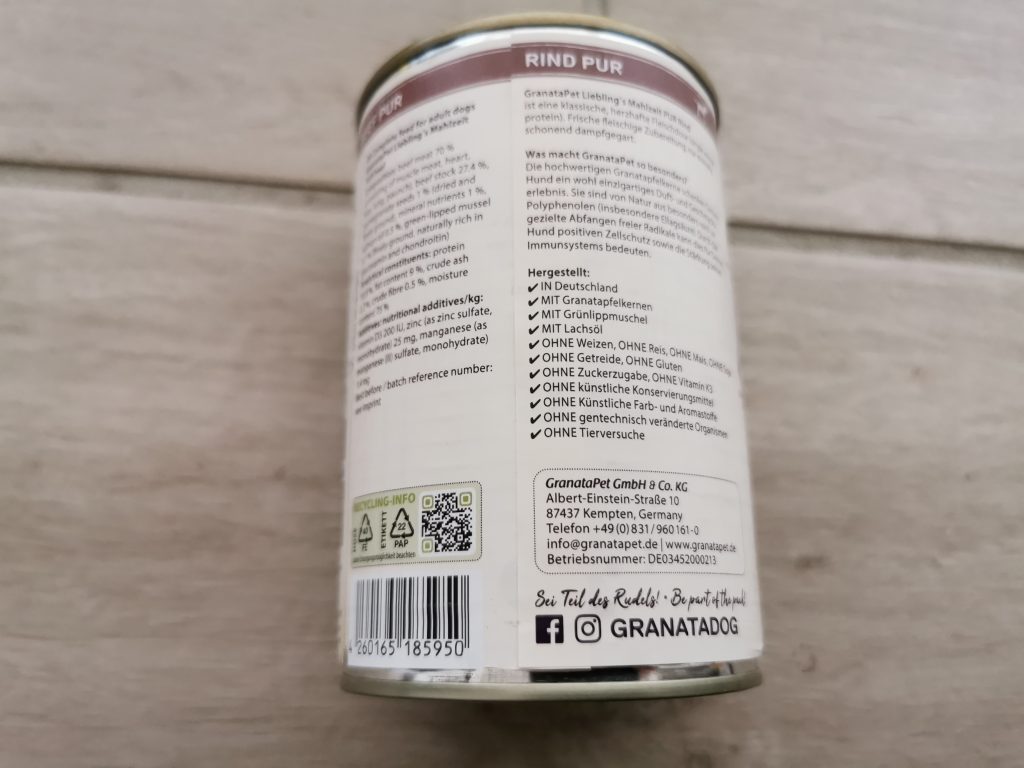 GranataPet Liebling’s Mahlzeit Huhn und Kürbis Hundefutter Dose von hinten 2