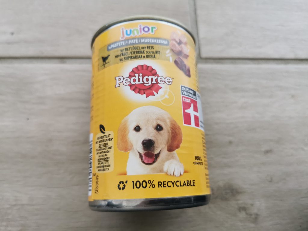 Pedigree Junior Pastete mit Geflügel Hundefutter Dose von vorn