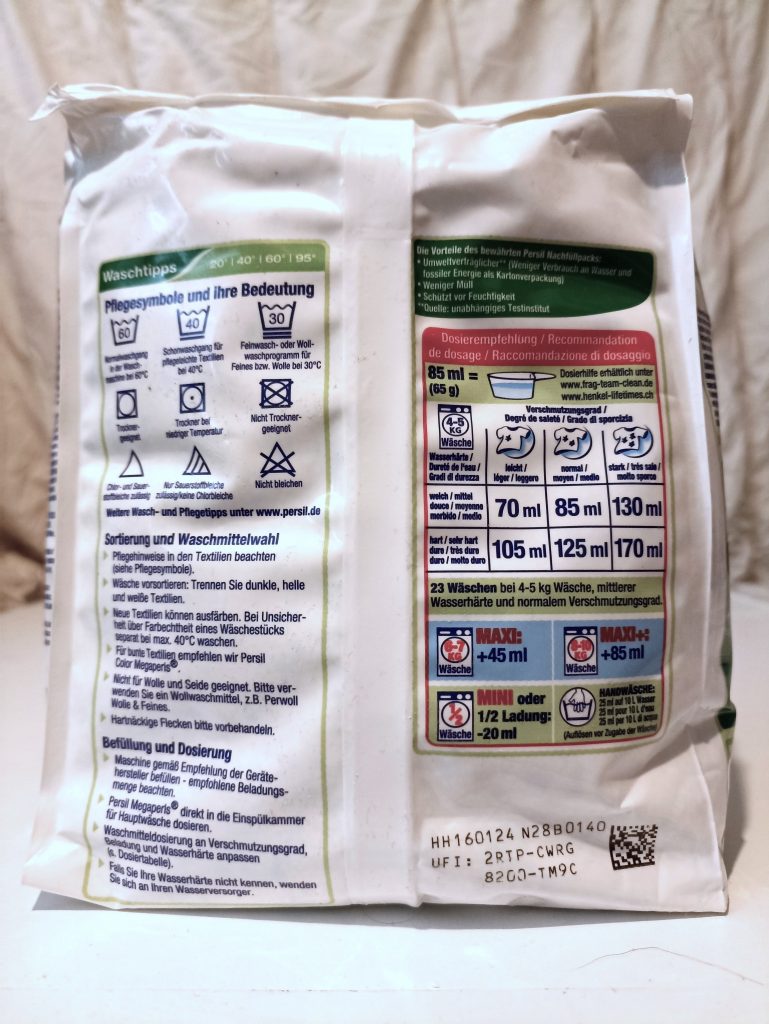 Persil Universal Megaperls Waschmittel, Verpackung Rückseite