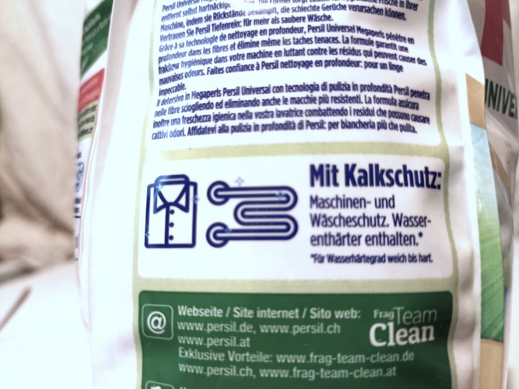 Persil Universal Megaperls Waschmittel, Verpackung Seitenansicht 1, Beschriftung Kalkschutz