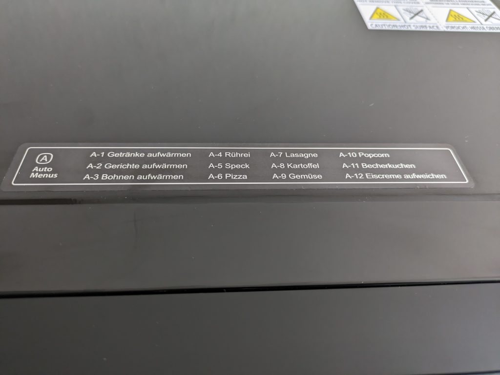 Programme der Toshiba MV-AM20T Mikrowelle