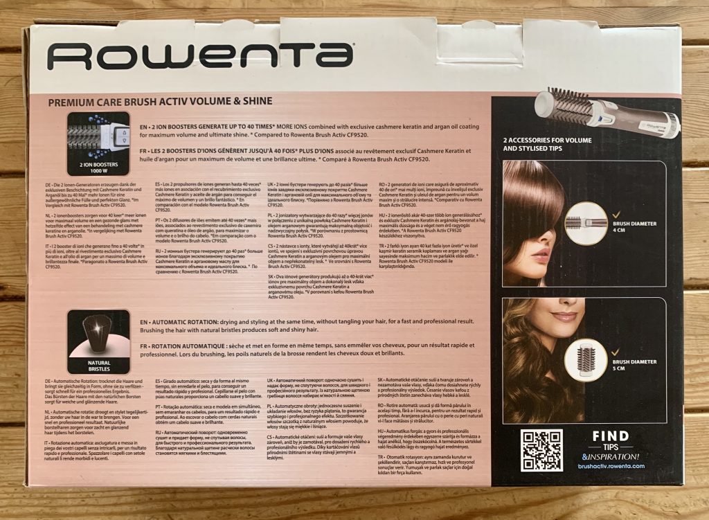 Rowenta Premium Care Brush Activ Volume & Shine CF9540 Warmluftbürste im Karton von hinten