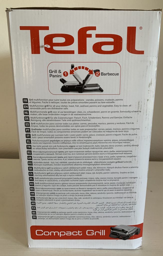 Tefal GC3050 2-in-1-Kontaktgrill im Karton von der Seite