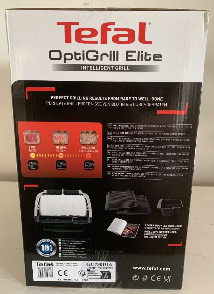 Tefal OptiGrill Elite GC750D16 Kontaktgrill im Karton von rechts