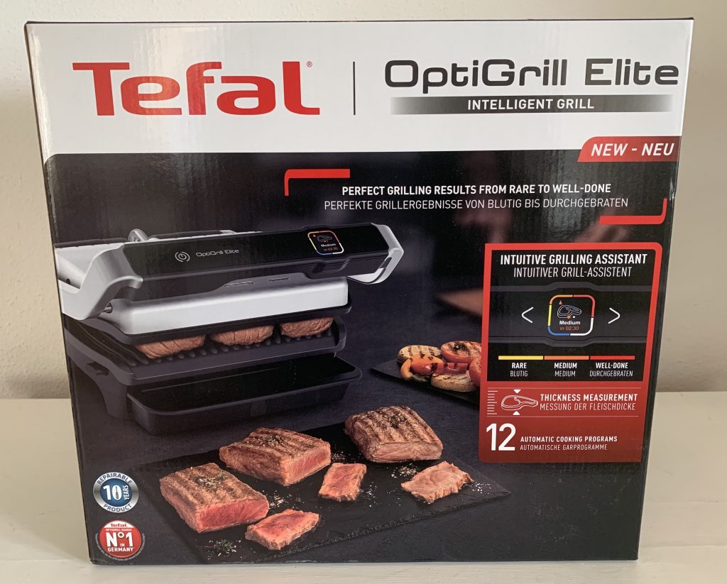 Tefal OptiGrill Elite GC750D16 Kontaktgrill im Karton von vorne