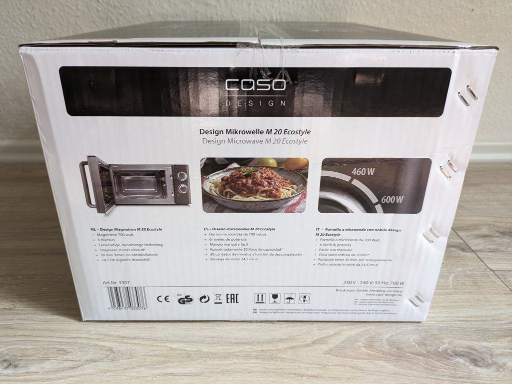 Verpackung der CASO Design M20 Ecostyle Mikrowelle von der Seite