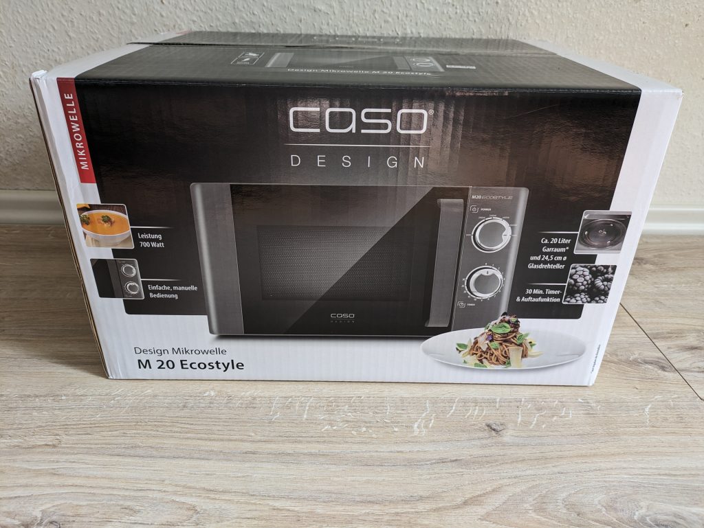 Verpackung der CASO Design M20 Ecostyle Mikrowelle von hinten