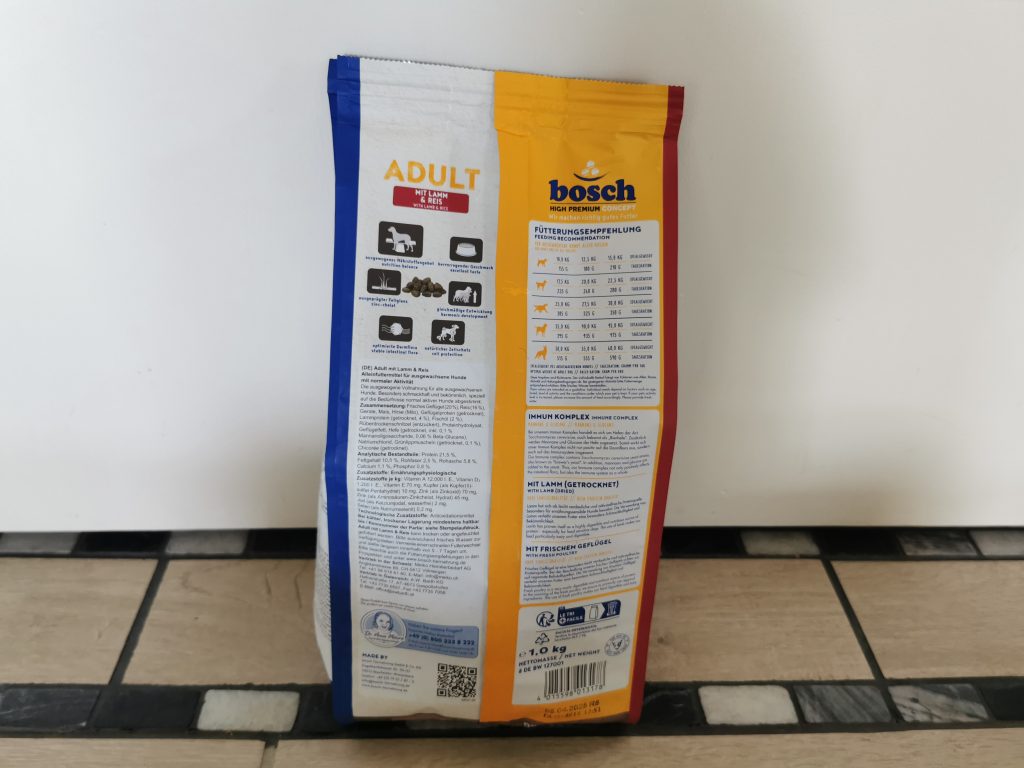 bosch HPC Adult mit Lamm und Reis Hundefutter Beutel von hinten