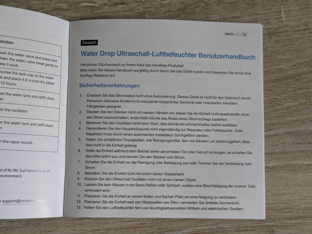 Anleitung des InnoBeta Waterdrop 2.0 Luftbefeuchters geöffnet
